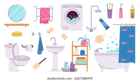 Bathroom flat interior elements, home closet and soap, cartoon toilet room clipart. Washroom or laundry decorations, shower and bath decent vector set