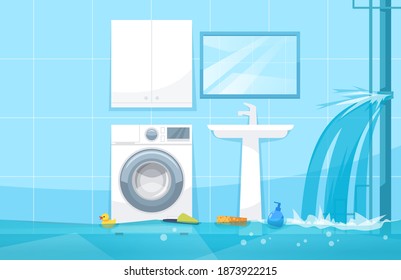 Bathroom Flood Semi Flat Vector Illustration. Floating Bath Accessories And Gels. Modern Household Items. Broken Water Pipe. Electric Shock Threat 2D Cartoon Scene For Commercial Use