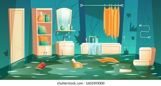 Ilustraciones vectoriales de dibujos animados en el interior inundados en el baño. Bañera, mobiliario, lavabo y aseo, estanterías y estanterías, flotando en accesorios de agua, fondo de casa para accidentes, concepto de seguro