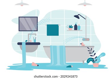 Bathroom flooded with water. Broken sink and shower faucet. Broken or damaged pipes in restroom. Water pours out of bathtub and sink. Emergency situation in bath. Interior design. Vector illustration