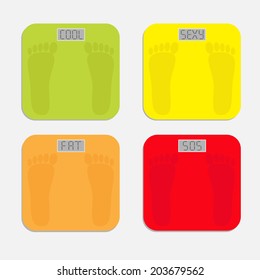 Bathroom floor electronic weight scale set with words fat, sexy, cool, sos. Flat design style. Vector illustration.