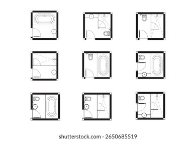 Bathroom Floor Plan Collection - 9 Diverse Layouts with Fixtures.