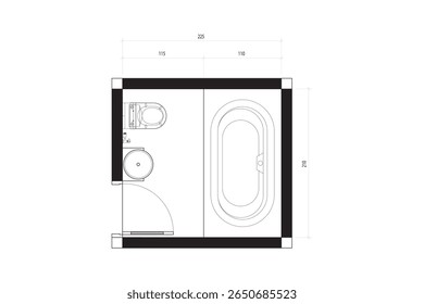 Planta de piso do banheiro Layout com banheira, chuveiro e pia - Top View Blueprint. 7. º