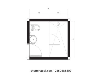 Planta do chão do banheiro com armário, chuveiro e pia - Top View Blueprint. 8.