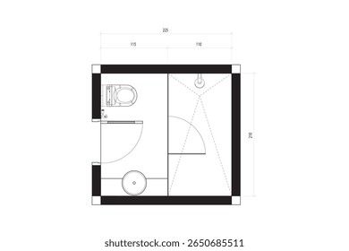 Planta do chão do banheiro com armário, chuveiro e pia - Top View Blueprint. 1