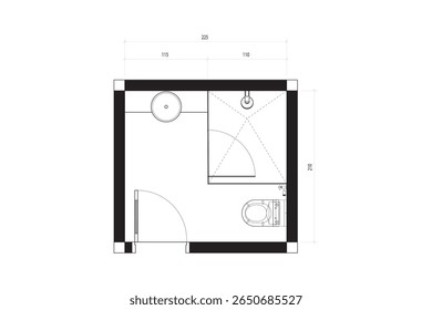 Planta do chão do banheiro com armário, chuveiro e pia - Top View Blueprint. 3.