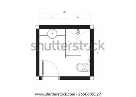 Bathroom Floor Plan Layout with Closet, Shower, and Sink - Top View Blueprint. 3