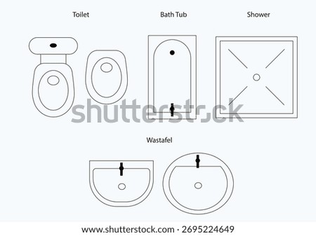 Bathroom Floor Plan Symbols Set, bathroom toilet interior blueprint map elements, vector blueprint elements including bathtub, toilet, bidet, washbasin, and shower area symbols