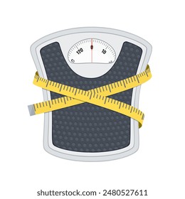 Bathroom floor weight scale and measuring tape. illustration in flat style on white background.