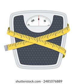 Bathroom floor weight scale and measuring tape. illustration in flat style on white background.