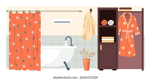 Bathroom with floral robe, towels and bathtub, shower curtain, cabinet, and potted plant. Personal care and bath comfort theme. Flat cartoon style. Vector illustration.