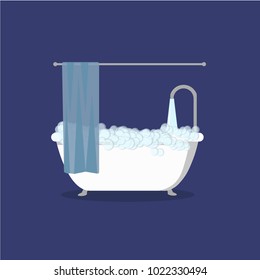 bathroom with foam and water translucent curtains in blue on a dark background