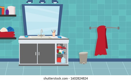 Bathroom Front Blue Illustration Mirror Sink Basket Red Towels Shelves Colorful Vector Art