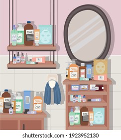 bathroom full of skincare products vector illustration design