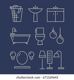 Bathroom furniture and accessories line icons set. Linear bath, vector illustration