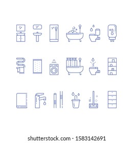 Bathroom furniture, bath curtains, toilet and bidet, water heater tank, floor map and bucket, vector line icon set