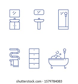 Bathroom furniture, bath with foam, washing stand with mirror, hot water tube, vector line icon set