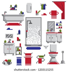 Bathroom furniture collection isolated on white background. Simple vector illustration in pixel art style.