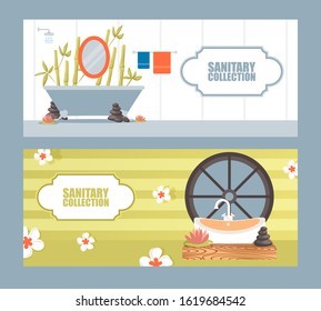 Bathroom furniture design banner, vector illustration. Bathtub and sink in flat style, sanitary store advertisement campaign, bath catalog cover, brochure template. Modern interior design promotion