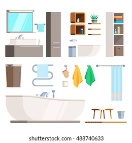 Bathroom Furniture and equipment set. A template to create a scene of the interior. Vector illustration in trendy design isolated on white background for publications and promotional materials