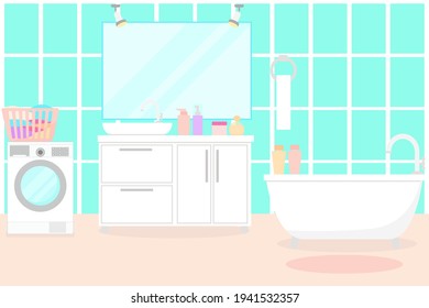 Bathroom With Furniture And Fixtures. Vector. Living Room With Bath, Washbasin, Mirror And Washing Machine. Home Room For Washing And Cleaning. Flat, Concept.