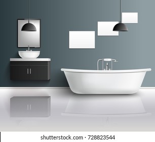 Bathroom furniture interior realistic composition with modern bathroom fixtures sink mirrors and decor elements with reflexions vector illustration