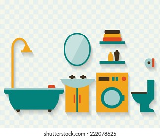 Bathroom with furniture and long shadows. Flat style vector illustration.