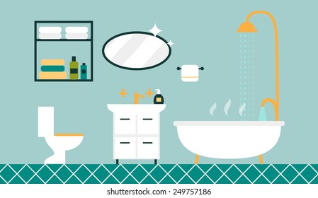 Bathroom with furniture and long shadows. Flat style vector illustration.