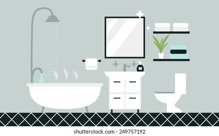 Bathroom with furniture and long shadows. Flat style vector illustration.
