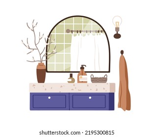 Bathroom furniture. Mirror, modern countertop with toiletries, soap bottle, vase and towel. Trendy home bath room interior in Scandinavian style. Flat vector illustration isolated on white