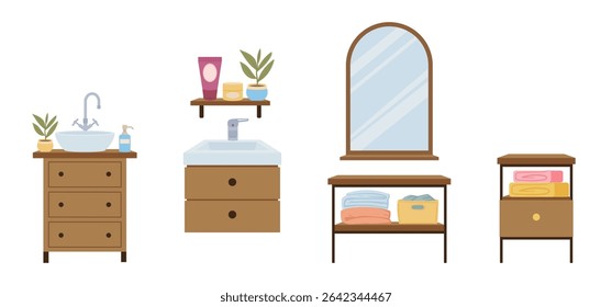 Bathroom furniture. Modern bathroom sink, towels, bath textile stand and mirror, bathroom interior elements flat vector illustrations set. Cartoon bathroom furniture
