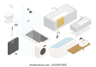 Bathroom furniture - modern vector colorful isometric illustrations set. Washing machine, shower, sink, toilet, towel, drain, plumbing. Home decor, interior solutions, contemporary style idea