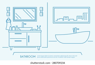 Bathroom furniture outline poster with luxury bath bowl and shelves vector illustration
