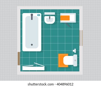 Bathroom with furniture overhead top view. Apartment plan. Flat style vector illustration.