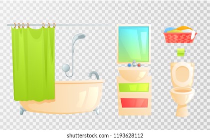 Bathroom furniture set object. Isolated toilet and bath and other subjects. Vector iillustration
