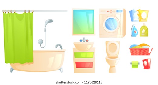 Bathroom furniture set object. Isolated toilet and bath and other subjects. Vector cartoon iillustration