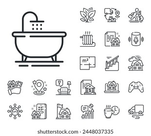 Bathroom furniture sign. Floor plan, stairs and lounge room outline icons. Bath tub line icon. Bathtub symbol. Bath line sign. House mortgage, sell building icon. Real estate. Vector