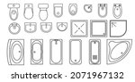 Bathroom furniture top view. Architectural uncolored set for interior design. Vector  collection. Baths, shells, toilets, bidets, urinals, showers. View from above. Vector illustration in flat style.