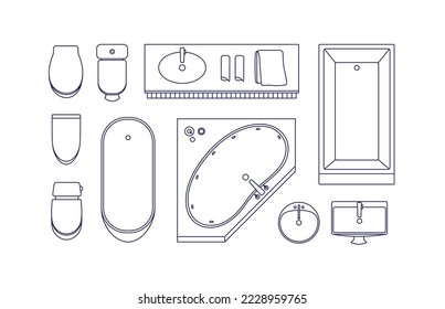 Bademäntel, Draufsicht. Badewannen, Toilettenspülungen, Schalen, Waschbecken für die Gestaltung der Räume, Fußbodenbelag. Konfektionierte flache Vektorgrafiken einzeln auf weißem Hintergrund