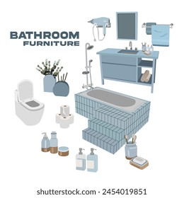 Bathroom furniture vector set. Bathroom cartoon blue elements, vector toilet, bathtub, sink and other bathroom cosmetic items. Flat bathroom interior