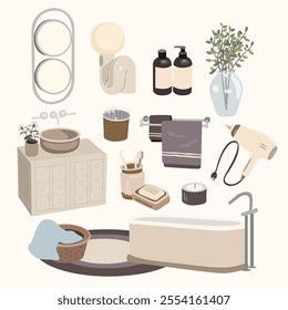 Bathroom furniture vector set for modern home interior design. Bathroom cartoon flat elements, toilet, bathtub, sink and other bathroom cosmetic items. Vector illustration in flat style