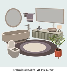 Bathroom furniture vector set for modern home interior design. Bathroom cartoon flat elements, toilet, bathtub, sink and other bathroom cosmetic items. Vector illustration in flat style