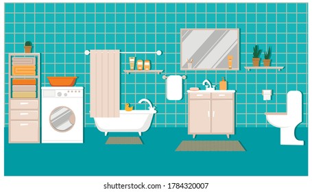 Bathroom with furniture, washing machine, wardrobe, toilet, mirror and washbasin. Flat style vector illustration.