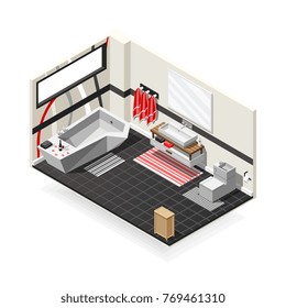 Bathroom futuristic interior hi-tech design with sanitary equipment, decorated wall, tiled floor isometric composition vector illustration