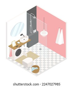 Bathroom for a girl - modern vector colorful isometric illustration. Pink walls, tile, shower, sink and toilet. Washing machine, white terry towels. Interior design for a stylish apartment idea