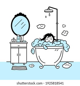 Bathroom, girl takes a bubble bath. Vector, isolated. Outline style.