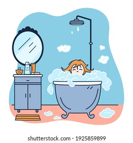 Bathroom, girl takes a bubble bath. Vector, isolated. 