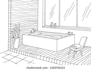 Bathroom graphic home interior black white sketch illustration vector