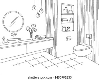 Bathroom graphic home interior black white sketch illustration vector