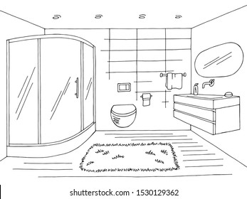 Bathroom graphic home interior black white sketch illustration vector